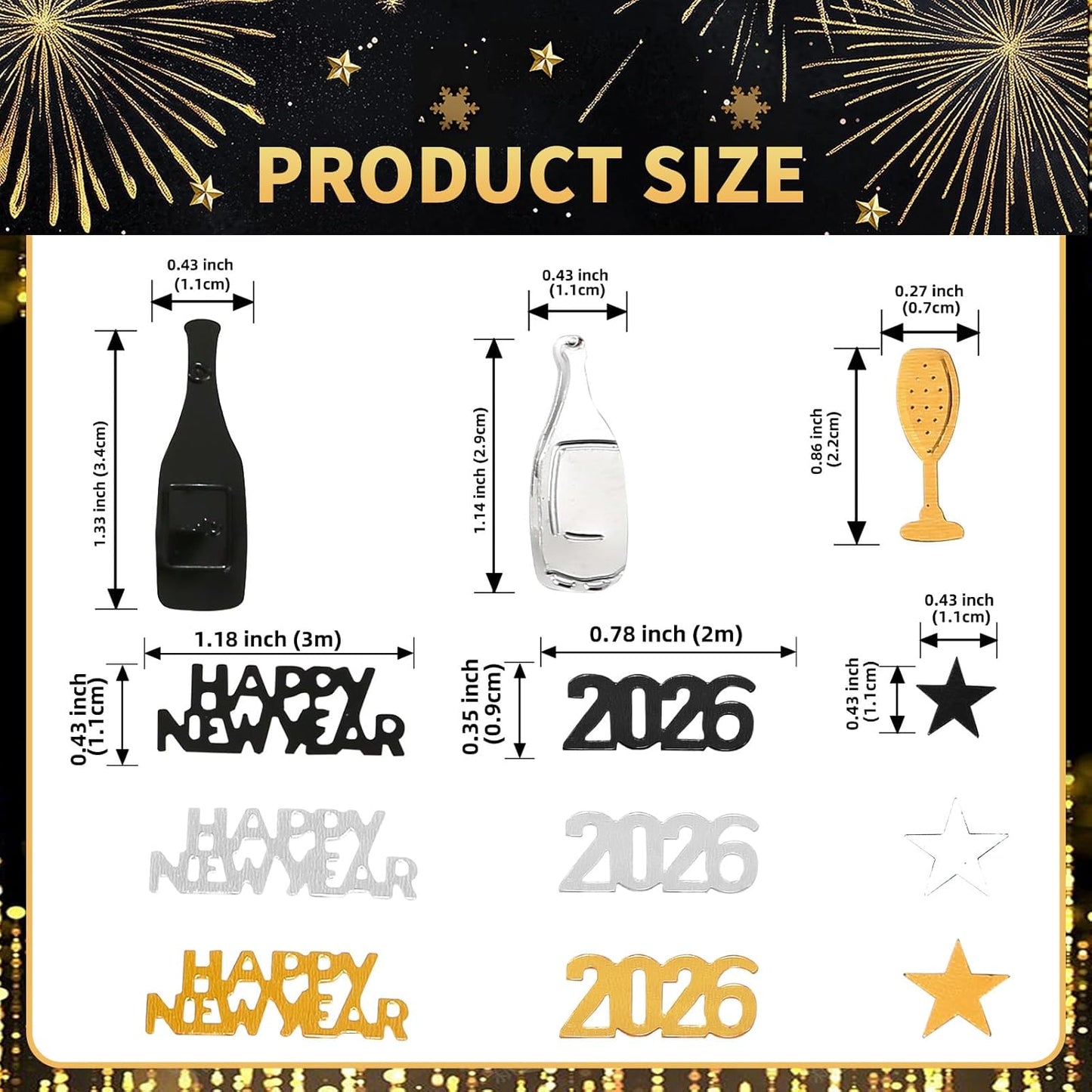Happy New Year 2026 Confetti, Gold Black and Silver Star Wine Bottle Sprinkles Table Scatter Confetti for New Years Eve Decorations