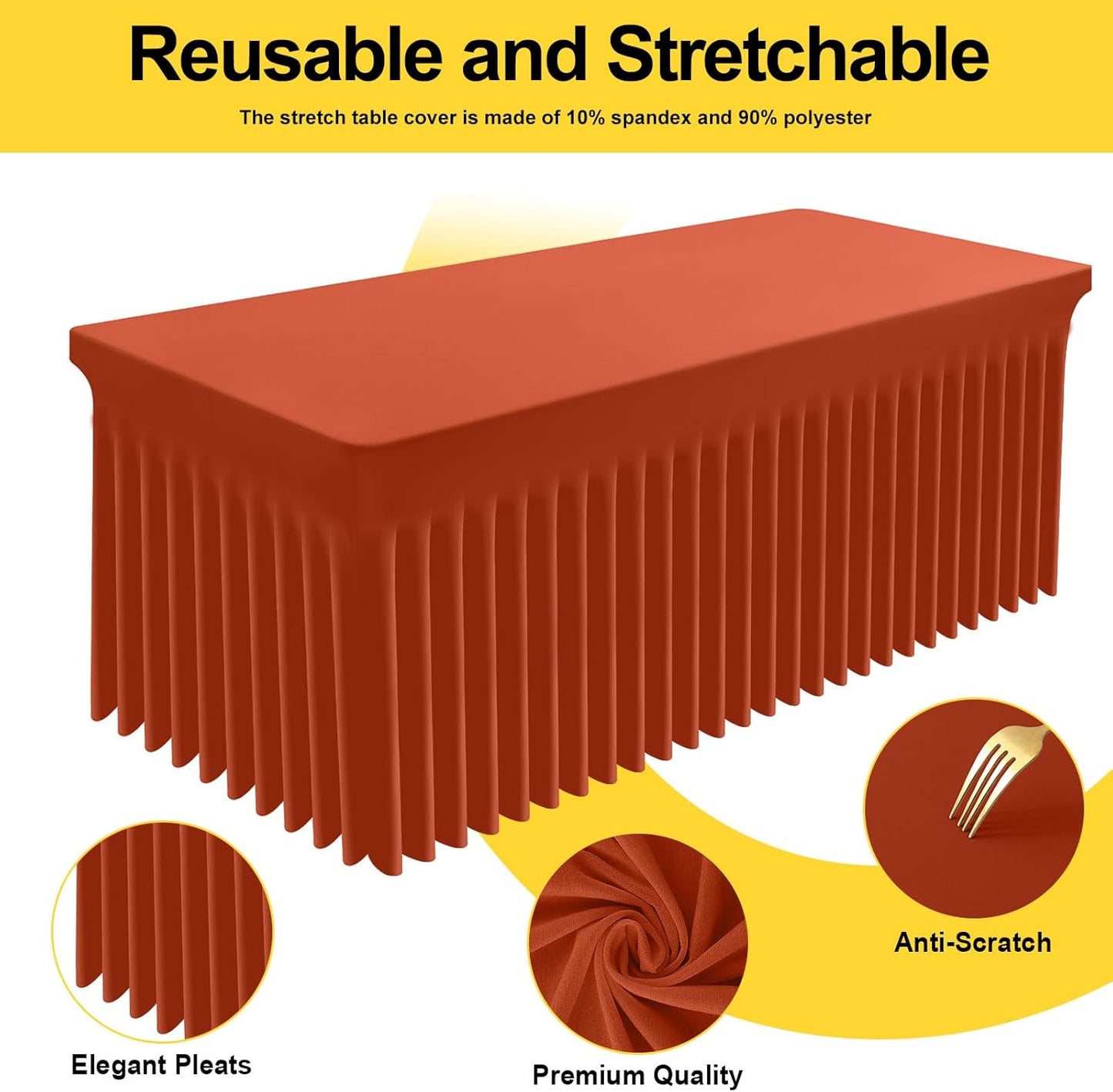 Smiry Spandex Tablecloth 2 Pack, Elastic Fitted Stretch Tablecloth for 6FT Rectangle Tables, Waterproof Washable Table Cover Skirt for Outdoor, Wedding, Banquet & Parties (Rust, 72Lx30Wx30H Inch)