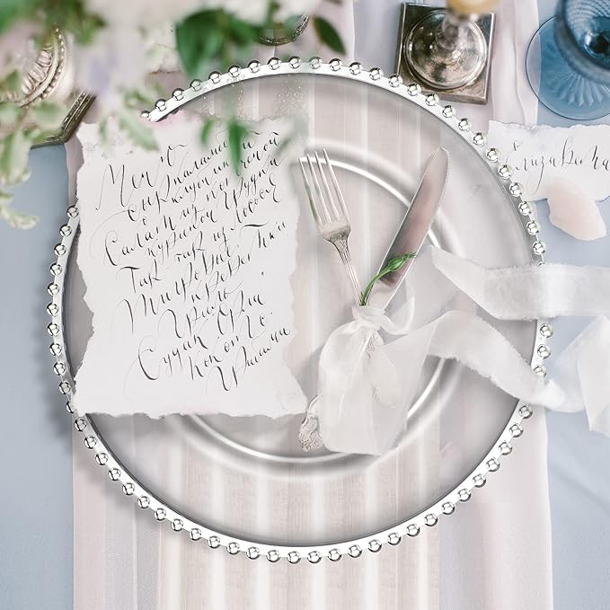 Zopeal 18 PCS Clear Charger Plates with Beaded Rim 13 Inch Plastic Round Charger Plates Bulk for Dinner Home Kitchen Wedding Party Tabletop(Silver)