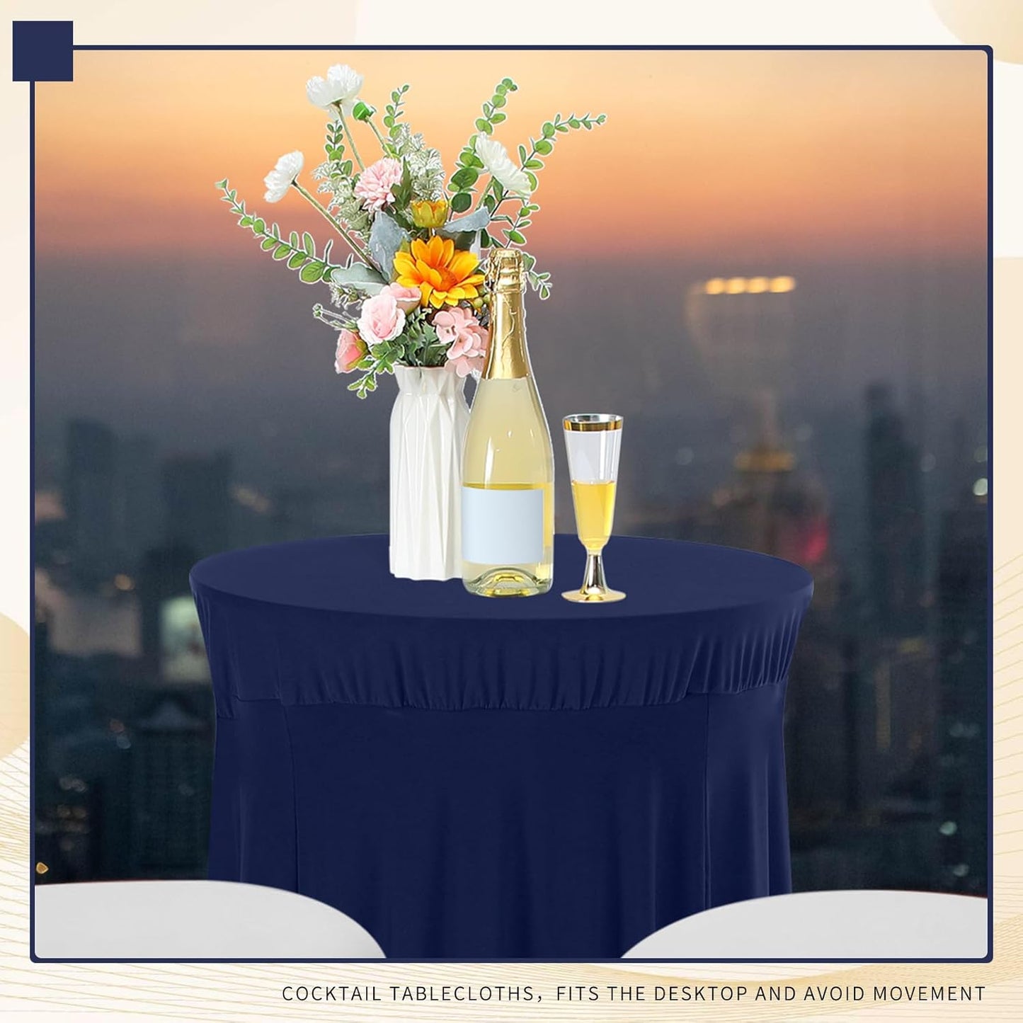Tegeme 1 Pack 32 x 43 Inch Round Spandex Cocktail Tablecloths with Skirt Cocktail Round Table Cover Spandex Stretch Tablecloth for Fitted High Top Table Bar Wedding Party Banquet (Navy)
