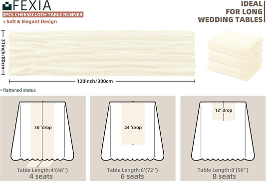 FEXIA 3 Pack Beige Table Runner 30x118 Inches Ivory Cheesecloth Rustic Boho Gauze for Wedding Baby Shower Bridal Shower First Communion Home Decorations