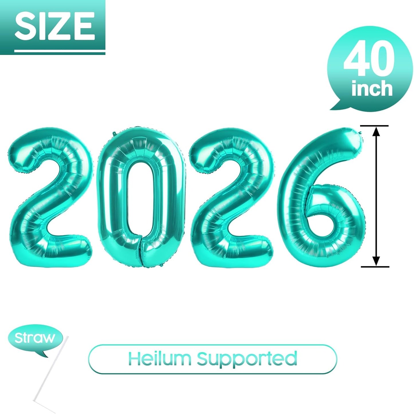 2026 Balloon - Teal Birthday Number Balloons, 40 Inch Large Foil Balloons for Men Women Boys Girls Teal Themed Birthday Decorations，Number 2026 Balloon