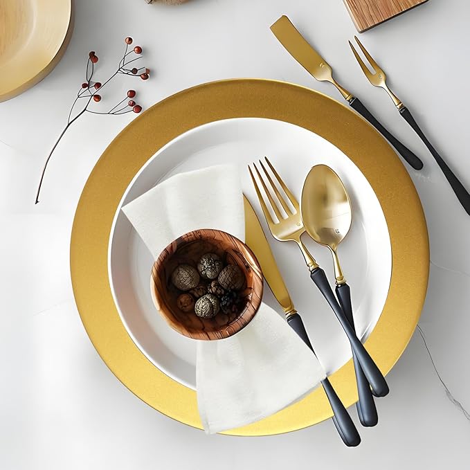 Cheardia 12 Pack Plastic Gold Charger Plates, 13 Inch Round Decorative Serving Dinner Charger Plate Bulk for Wedding, Catering, Parties, Restaurant, Home