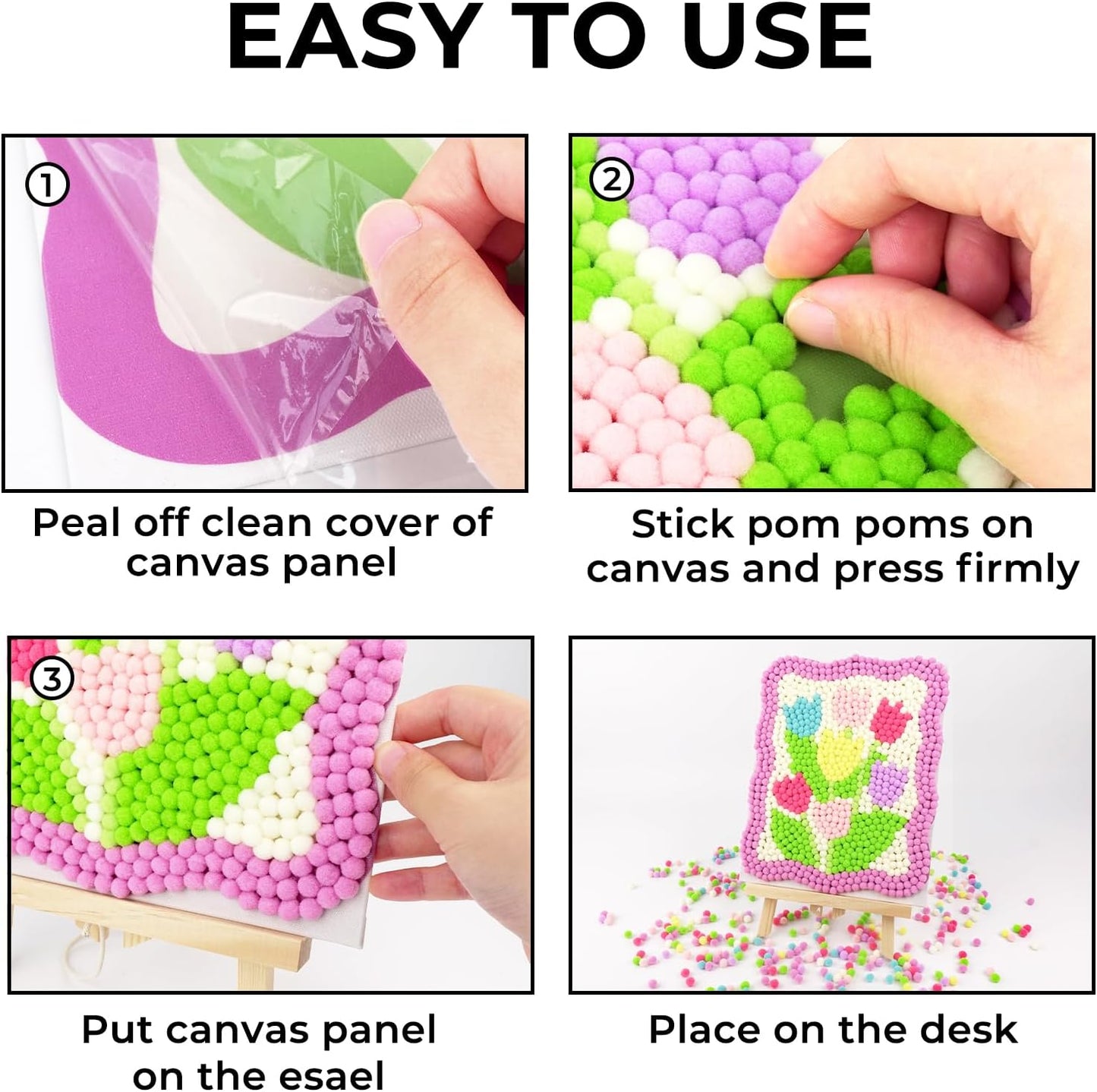 Funto Tulip Pom Pom Painting Art Kit, 1100+ pom poms, Canvas and Sturdy Easel for Home Decor, Suitable for Kids and Adults DIY Painting