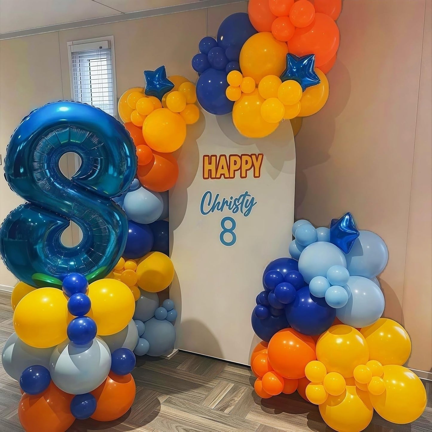 Navy Blue and Orange Garland Arch Kit, Orange and Yellow Balloons Light Baby Royal Blue with Foil Star Balloon for Kids Boys Baby Shower Birthday Graduation Gun Theme Party Decorations Supplies