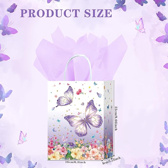 W WINTMING 16 Pcs Butterfly Gift Bags Butterfly Party Favor Bags with Tissue Paper Pink Purple Paper Goodie Bag Birthday Bag for for Wedding, Birthday, Party Supplies and Gift (Flower)
