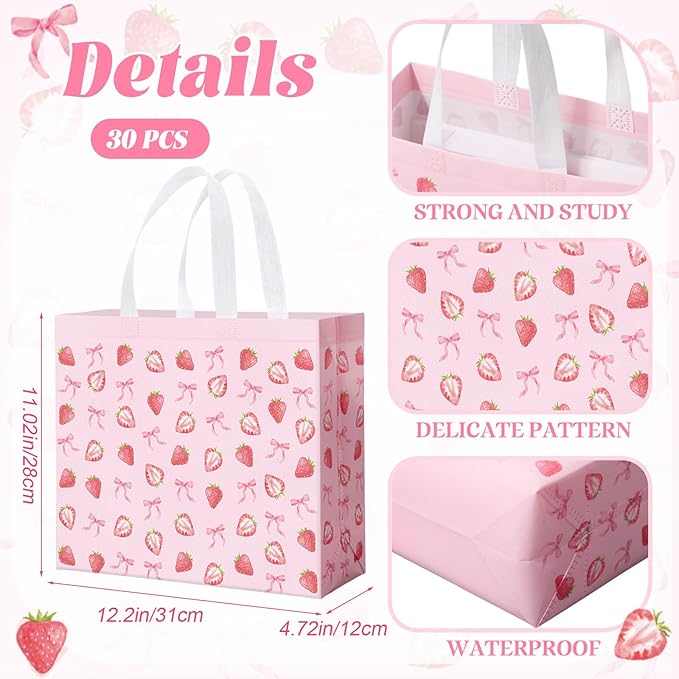 Abbylike 30 Pack Strawberry Bow Reusable Gift Bag Bulk Large Pink Bow and Sweet Strawberry Print Shopping Bag Tote Non Woven Tote for Women Wedding Birthday Baby Shower, 12.2 x 11.02 x 4.72 Inches