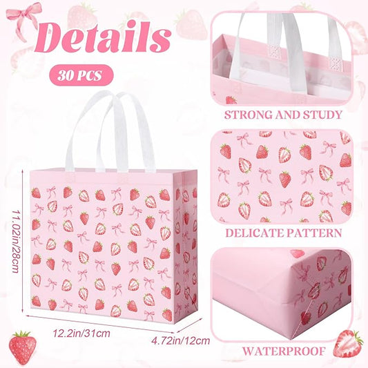 Abbylike 30 Pack Strawberry Bow Reusable Gift Bag Bulk Large Pink Bow and Sweet Strawberry Print Shopping Bag Tote Non Woven Tote for Women Wedding Birthday Baby Shower, 12.2 x 11.02 x 4.72 Inches