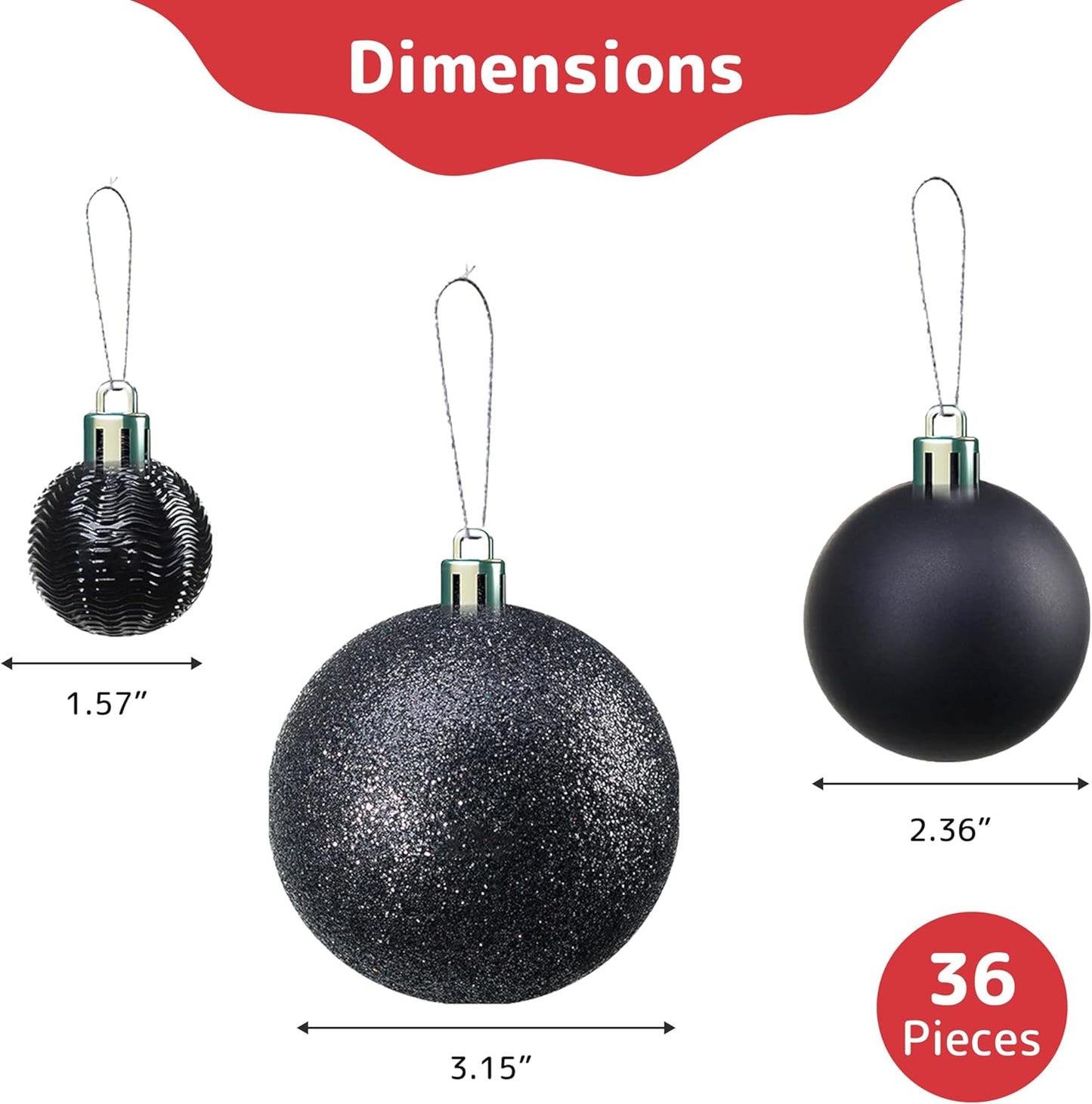 PREXTEX 36-Piece Black Christmas Ornaments - Shatterproof Tree Balls in 6 Styles and 3 Sizes with Hanging Loops to Decorate Black Christmas Tree - Ideal for Indoor and Outdoor Holiday Decor