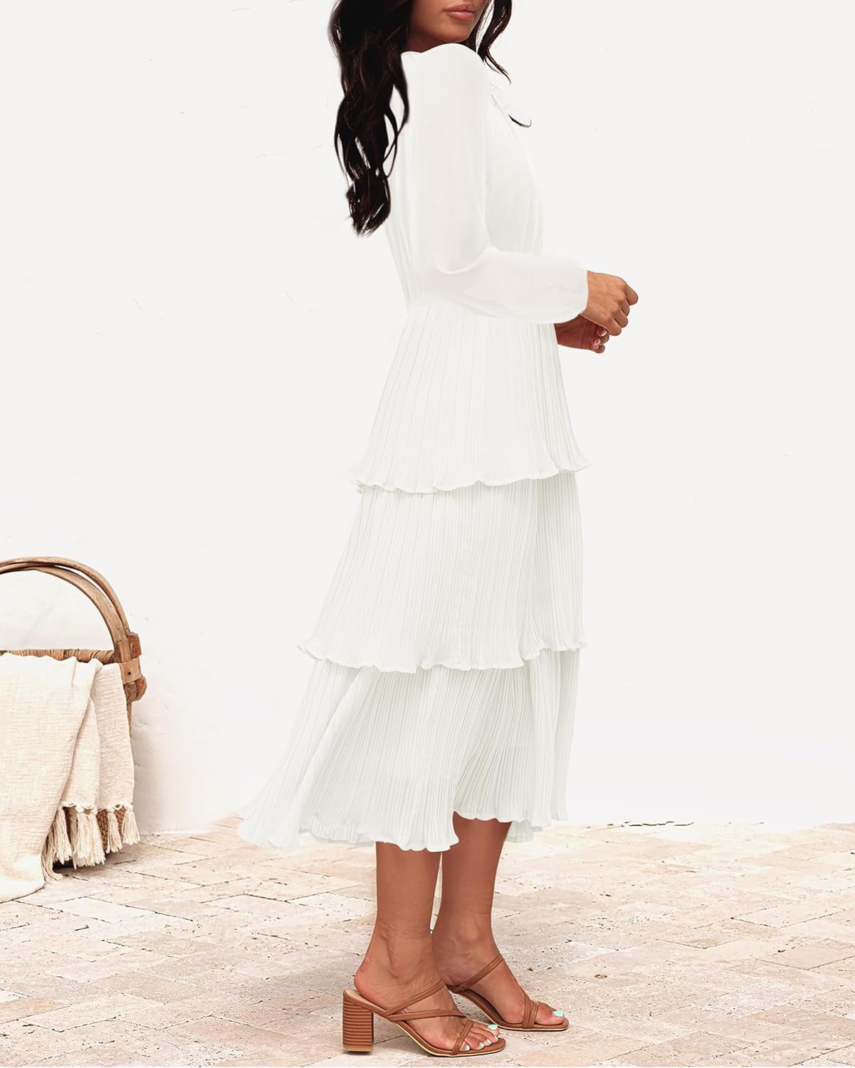 ZESICA Women's 2025 Long Sleeve Crew Neck Ruffle Tiered Layered Chiffon Flowy Swing Long Midi Dress