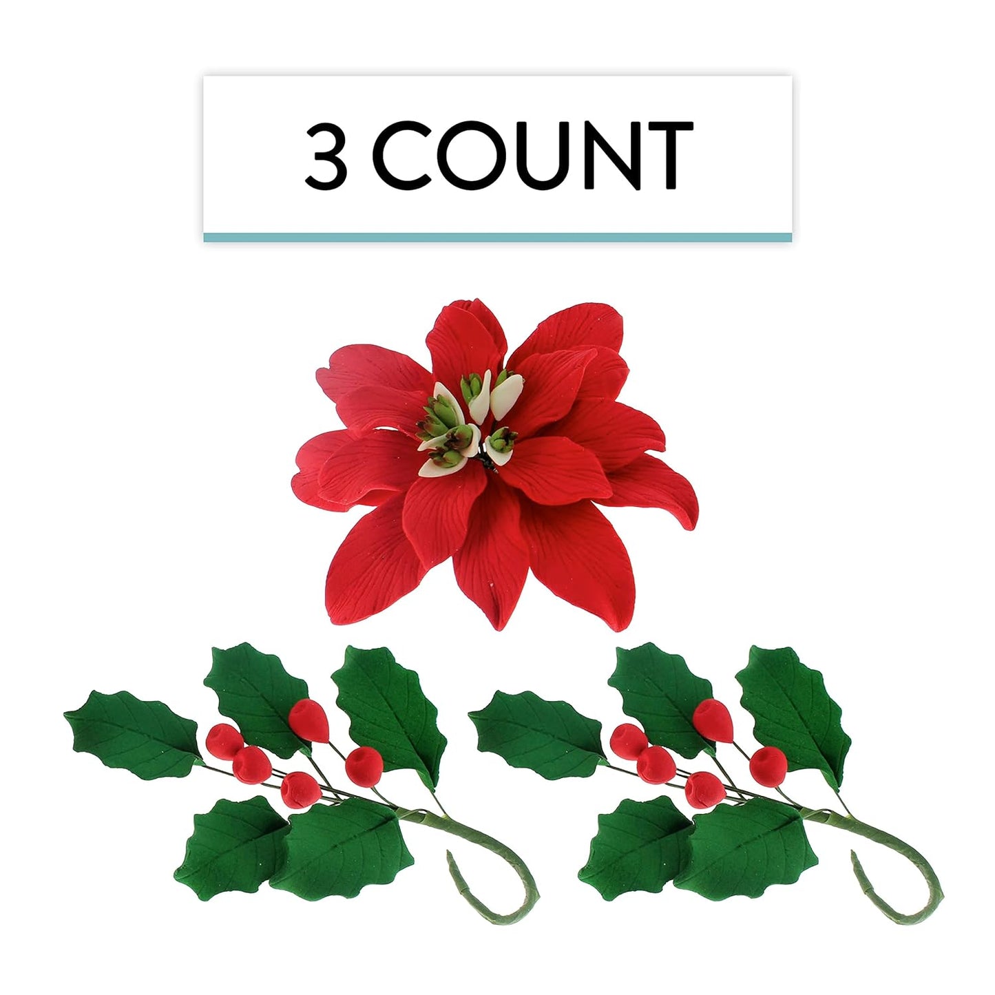 Global Sugar Art Large Poinsettia Christmas Kit Sugar Cake Flowers & Holly Leaf Sprays, 3 Piece Set by Chef Alan Tetreault. Perfect for Christmas Cake Decorations, Yule Logs and more.