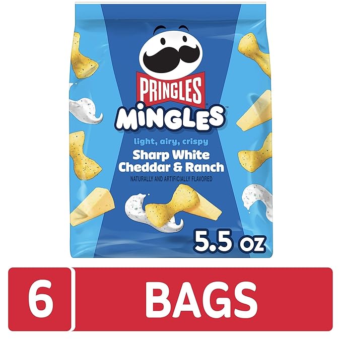 Pringles Mingles Puffed Snacks, Sharp White Cheddar and Ranch, Cheese Puffs, Salty Snacks (6 Bags)