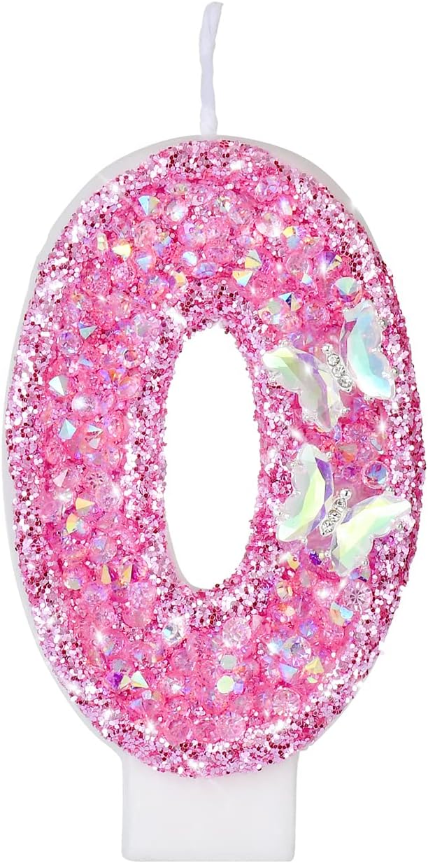 Saododku Birthday Candles, Number Candles for Birthday Cakes with Butterfly, Pink Birthday Candles Sparklers, 3.2" Cake Candles for Cake Topper Decoration, Party/Festival Celebration(Number 0)