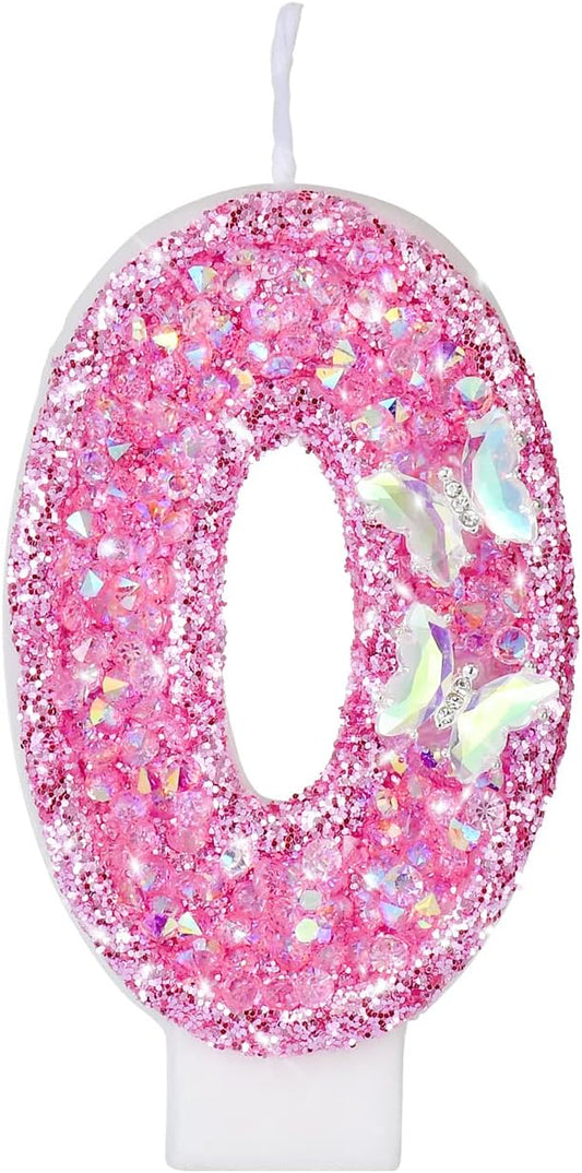 Saododku Birthday Candles, Number Candles for Birthday Cakes with Butterfly, Pink Birthday Candles Sparklers, 3.2" Cake Candles for Cake Topper Decoration, Party/Festival Celebration(Number 0)