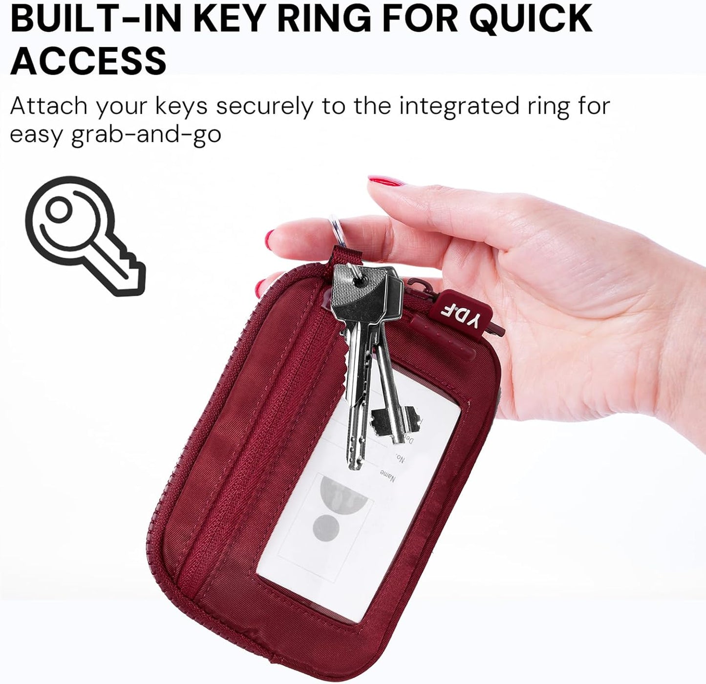 YDF Keychain Wallet for Women Mini Zip Card Holder with ID Window Coin Purse Detachable Wristlet Small Wallets Burgundy