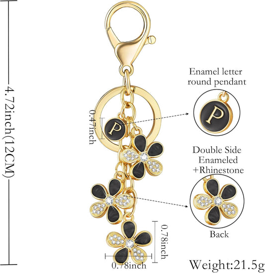 XGALBLA Cute Flower Crystals Rhinestone Initial Letter Keychain for Women, Bag Charms Bling Sparkly Enameled Keychain Handbag