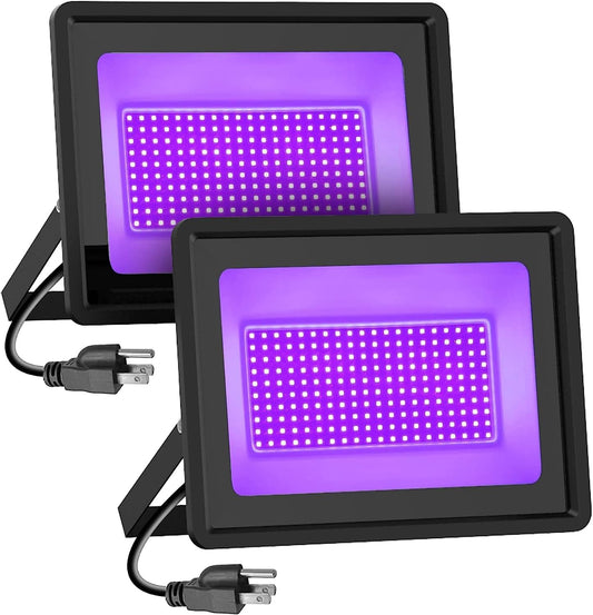 2 Pack 300W Black Lights, LED Blacklight Flood Light with Plug, IP66 Waterproof Black Flood Light Neon Glow for Party, Halloween, Fluorescent Poster, Body Paint