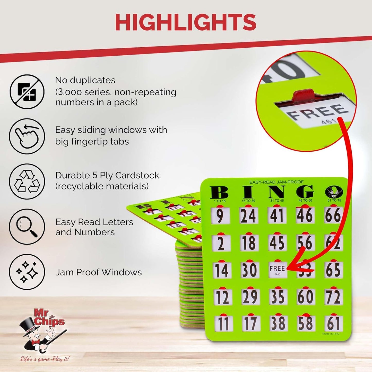 MR CHIPS Complete Bingo Game Set with Jam-Proof Shutter Cards – Easy Read Green Edition – 25 Reusable Large Print Bingo Cards with Sliding Windows, Master Board & Calling Cards – No Chips Needed