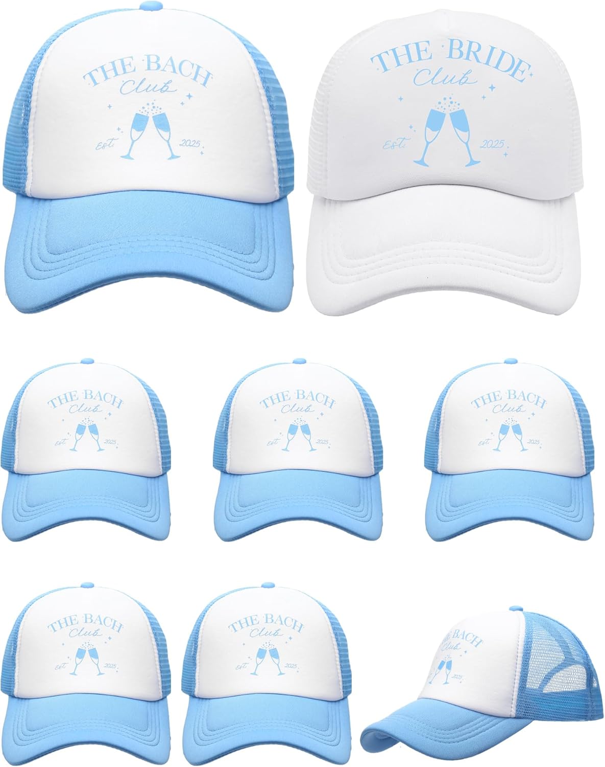 8 Pack Social Club Bachelorette Party Hats Include 1 Pack The Bride Cap and 7 Pcs The Bach Club Trucker Cap(Blue,The Bach)