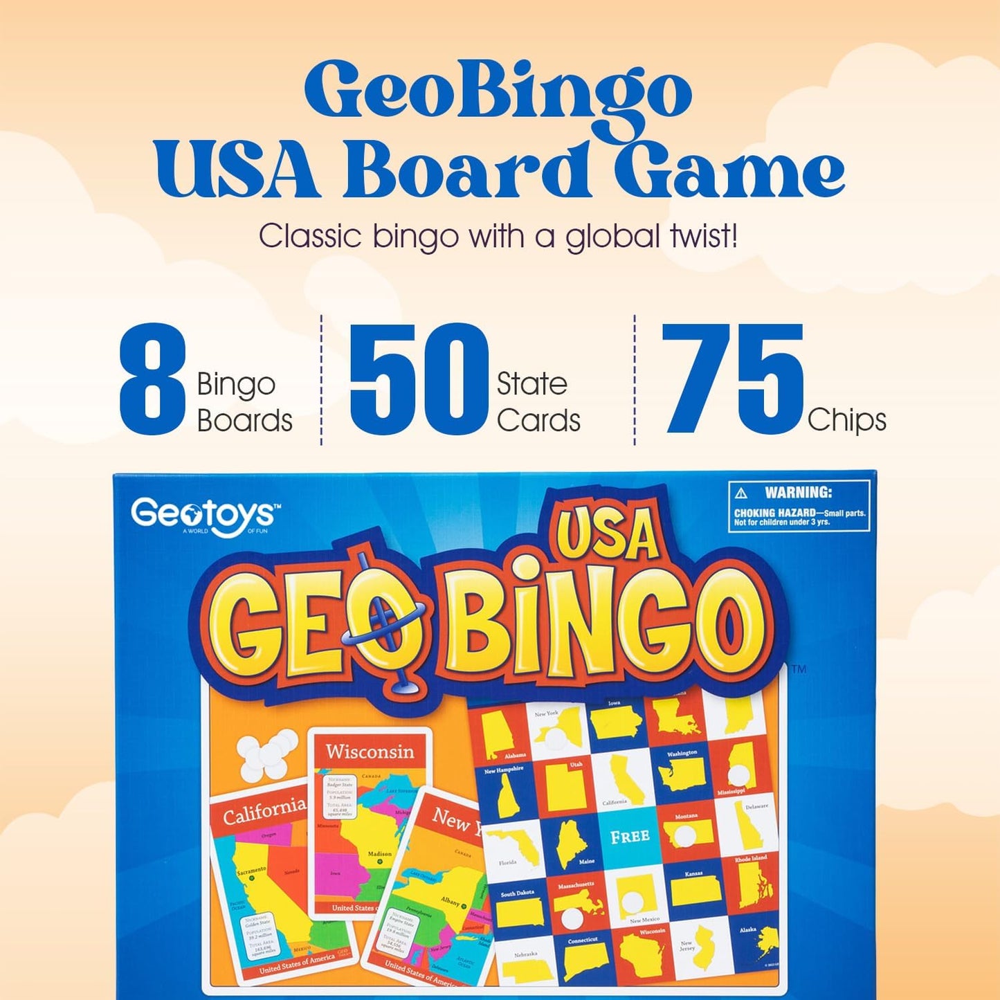 GeoToys GeoBingo, USA Bingo for Kids, Geography Game for Home, School or Camp - Fun Bingo Games for Family, Play & Learn States and Capitals of the USA, Bingo Game for Kids Ages 4 and Up