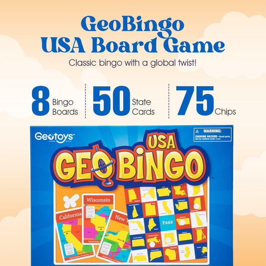 GeoToys GeoBingo, USA Bingo for Kids, Geography Game for Home, School or Camp - Fun Bingo Games for Family, Play & Learn States and Capitals of the USA, Bingo Game for Kids Ages 4 and Up