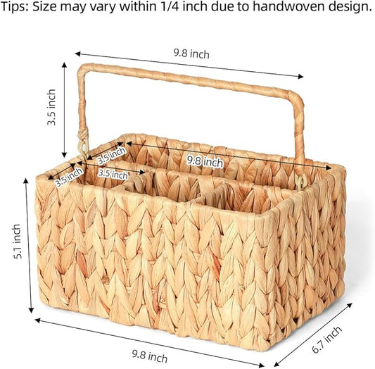 Wicker Flatware Organizer, Water Hyacinth Cutlery Holder, Outdoor Silverware Caddy, Woven Divided Utensil Caddy with Handle, Utensil Holder for Table, Kitchen (Natural Water Hyacinth)