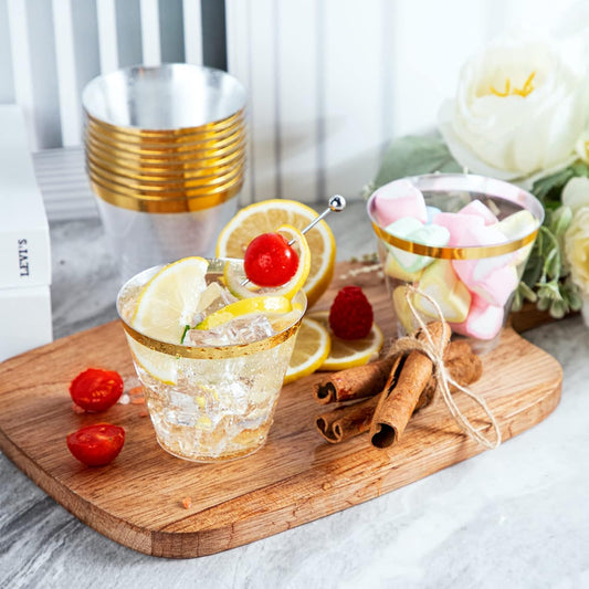 Ciaell 300PCS Gold Plastic Cups - 9Oz Heavy Duty Plastic Cups - Gold Rimmed Disposable Cup - Disposable Clear Wine Cup with Gold Rim for Party & Wedding & Thanksgiving