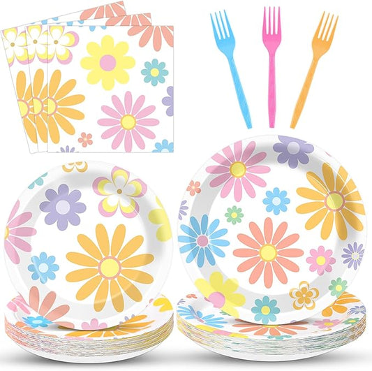 96PCS Boho Pastel Party Paper Plates and Napkins for Groovy Daisy Retro Boho Party Dessert Cake Plates Disposable Tableware Supplies for Baby Shower Birthday Wedding Seasonal Holiday Decorations
