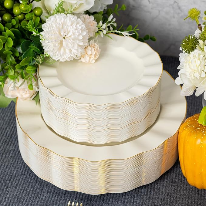 HIGH END 100 Pcs Ivory Wave Plastic Plates with Gold Trim, Fancy Disposable Plate Sets Include 50 Dinner & 50 Dessert Plastic Plates, Elegant Disposable Plate Set For Party, Thanksgiving (50 Guests)