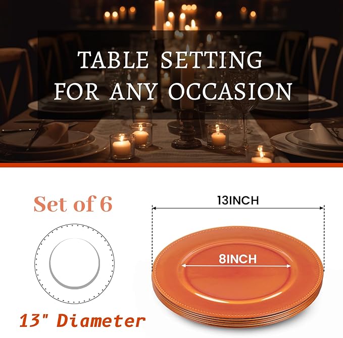 MAONAME Orange Charger Plates, Round Dinner Charger with Beaded, 13 Inch Plastic Plate Chargers for Wedding, Table Decor, Set of 6