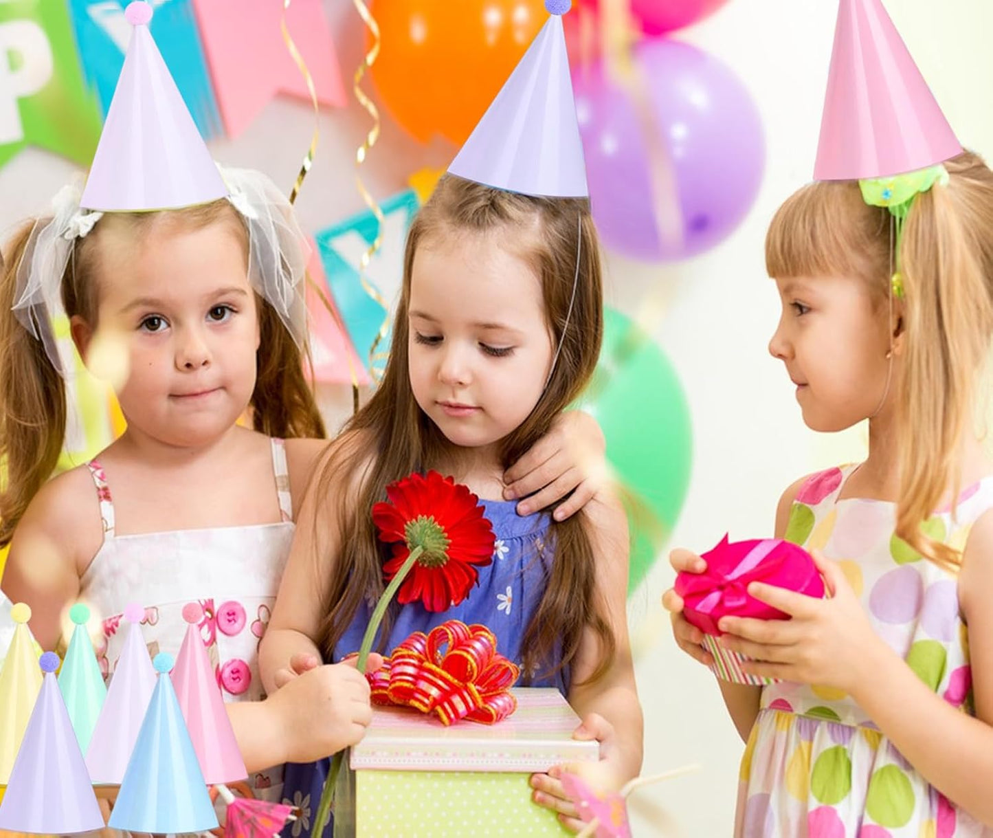 36 pcs Rainbow Party Hats-18 Pastel Rainbow Birthday Party Cone Hats and 18 Colorful Noise Makers for Birthday, Bridal Shower Wedding Party Supplies