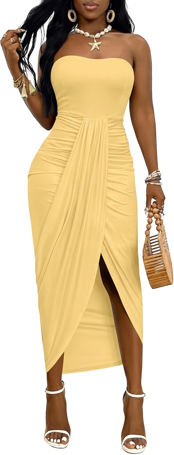 Umenlele Women's Strapless Ruched High Waist Wrap Split Asymmetrical Beach Maxi Long Dress
