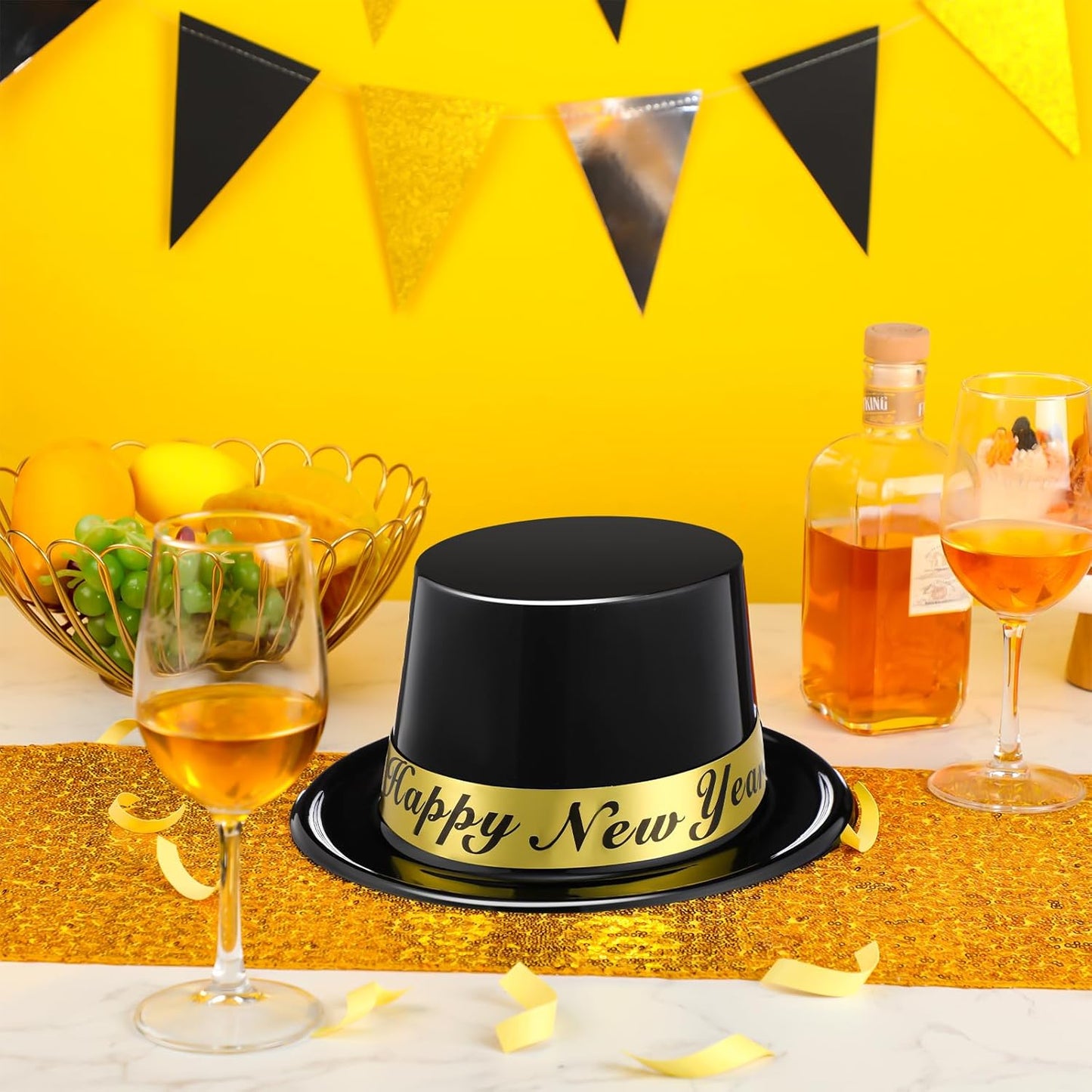Geyoga 4 Pcs Happy New Years Top Hat 2026 Eve Party black Plastic Celebration Hats for New Years Eve Party Supplies Accessory Costume wear