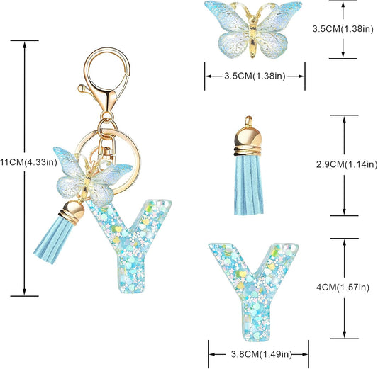 Fashion Alphabet Initial Letter Keychain Tassel Butterfly Pendant Key Ring for Purse Handbags Women Girl