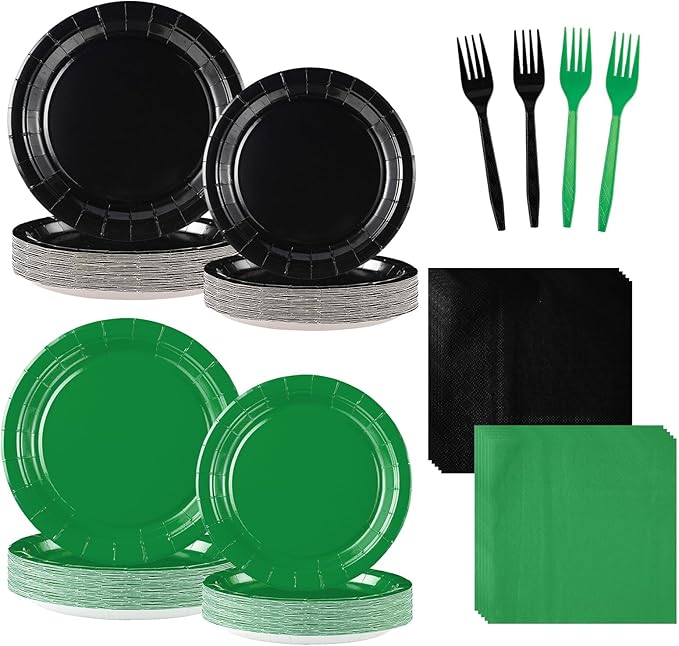 Grencian 96 Pcs Green and Black Birthday Decorations Solid Color Party Plates and Napkins Disposable Heavy Duty Green and Black Tableware Set for Holiday Birthday Baby Shower Party Decorations