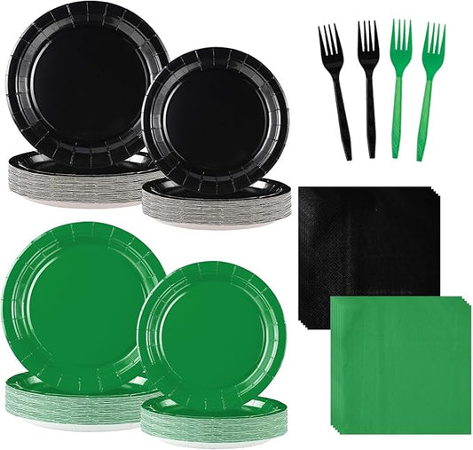 Grencian 96 Pcs Green and Black Birthday Decorations Solid Color Party Plates and Napkins Disposable Heavy Duty Green and Black Tableware Set for Holiday Birthday Baby Shower Party Decorations