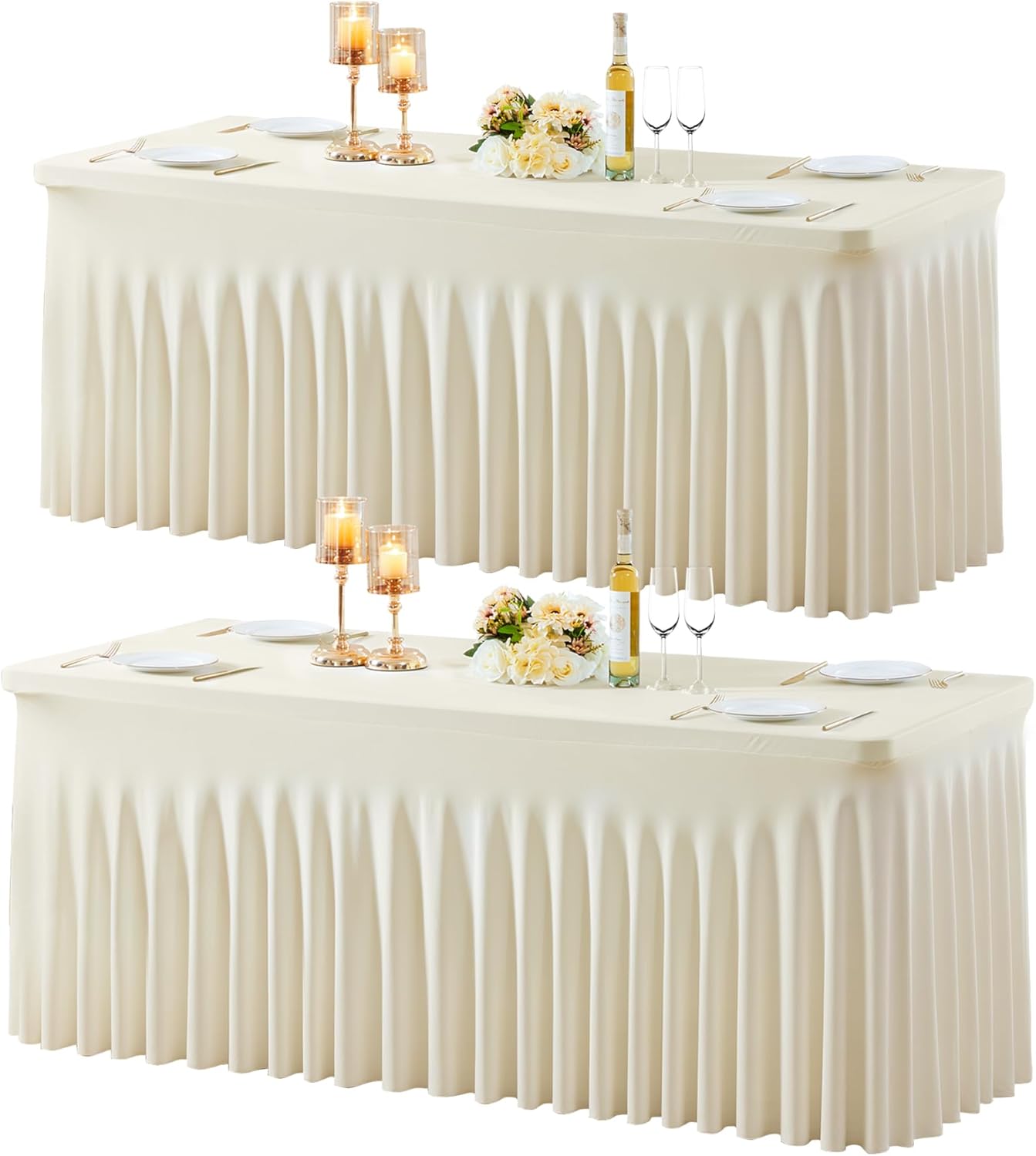 2 Pack Spandex Beige Fitted Table Cloth for 6ft Rectangle Tables Beige Stretch Tablecloth Table Covers Skirt Banquet Wrinkle Free Tablecloths for Parties Wedding