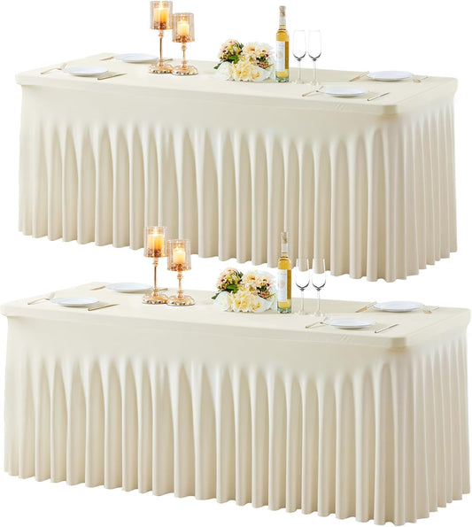 2 Pack Spandex Beige Fitted Table Cloth for 8ft Rectangle Tables Beige Stretch Tablecloth Table Covers Skirt Banquet Wrinkle Free Tablecloths for Parties Wedding