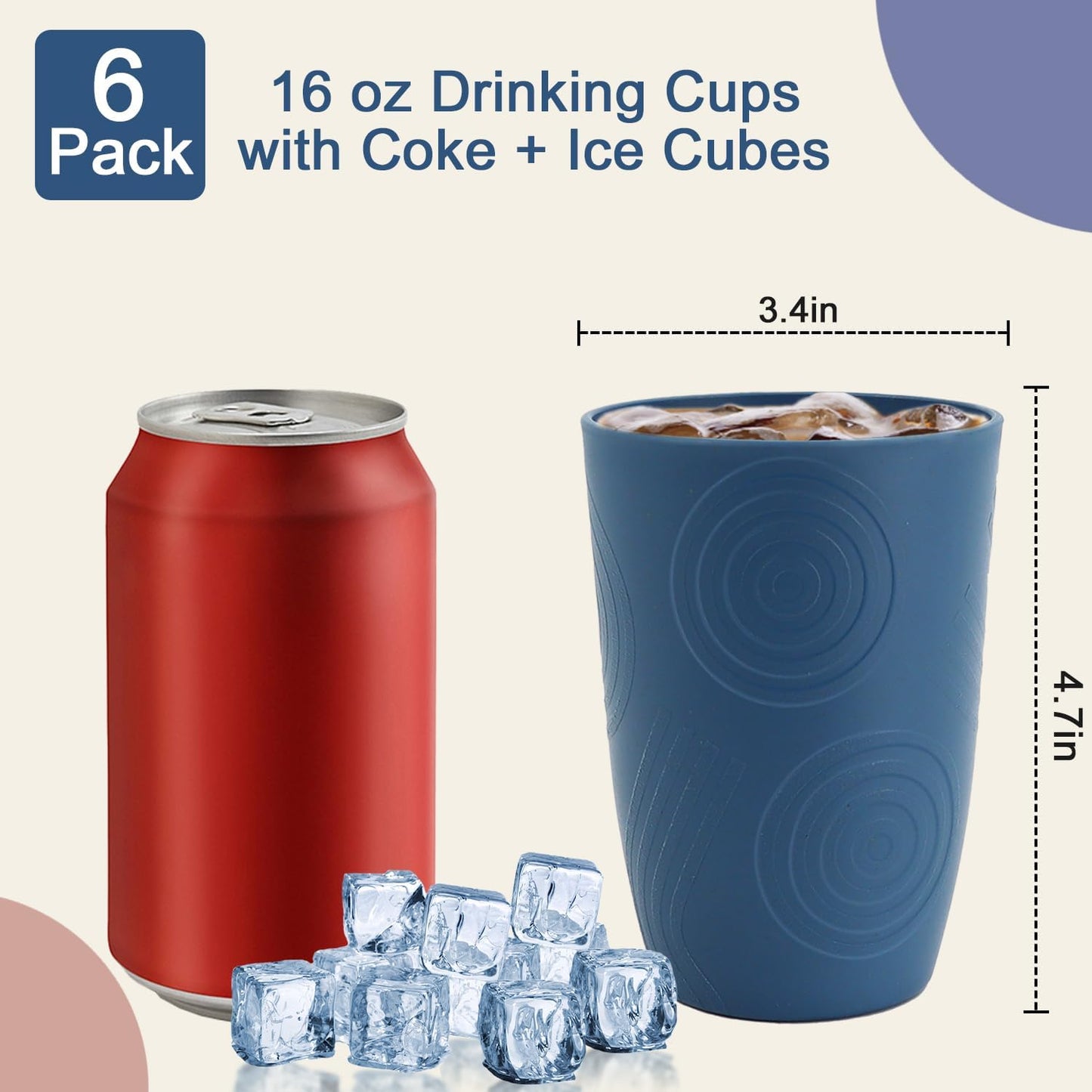 Unbreakable Wheat Straw Cups - 16 OZ Plastic Drinking Glasses Reusable, Large Drinking Cups, Lightweight Kitchen Cups Sets of 6, Microwave & Dishwasher Safe Water Tumbler (Multicolor)
