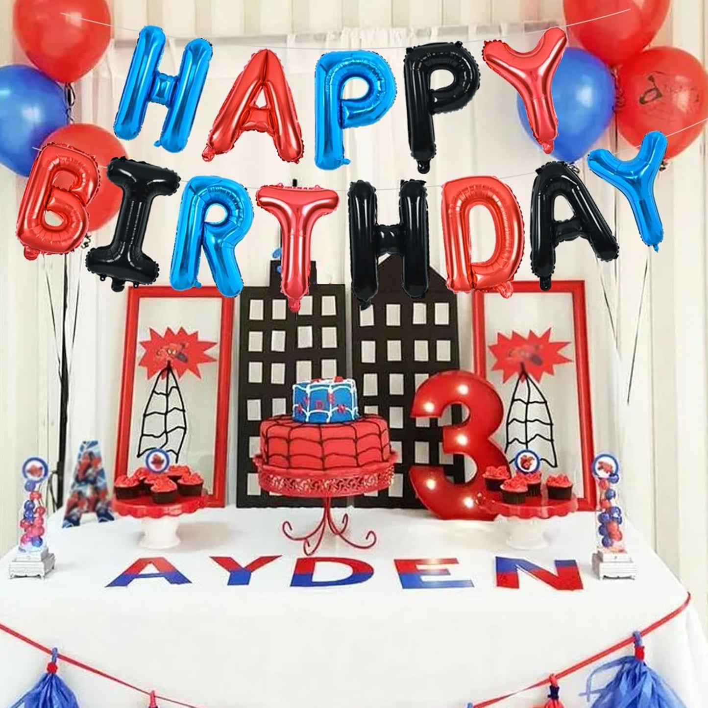 TONIFUL Happy Birthday Balloons with Ribbon Straw, 16 Inch Mylar Letters Birthday Sign Banner Bunting Reusable for Girls Boys Kids & Adults Party Decorations Supplies（Blue Red Black）