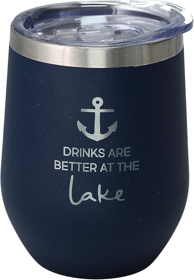 Pavilion - At The Lake 12 ounce Stainless Steel Wine Tumbler, Vacuum Insulated Wine Tumbler, Wine Tumbler with Lid, Lake House Gift Ideas, Anchor Decor, Wine Gifts For Women, Navy