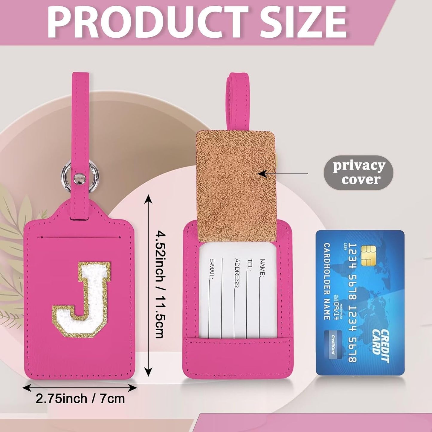 Personalized Initial Luggage Tags for Suitcases, Leather Chenille Letter Cute Luggage Tags with Privacy Name Card, Embroidered Travel Bag Backpack Tags Gifts for Women Kids Girls Teens(Rosered-J)