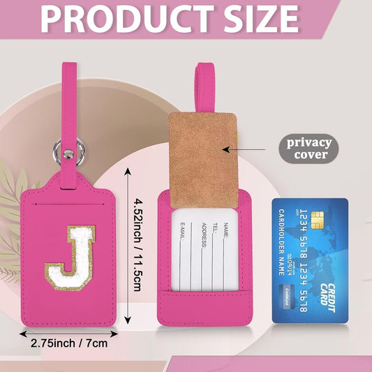 Personalized Initial Luggage Tags for Suitcases, Leather Chenille Letter Cute Luggage Tags with Privacy Name Card, Embroidered Travel Bag Backpack Tags Gifts for Women Kids Girls Teens(Rosered-J)
