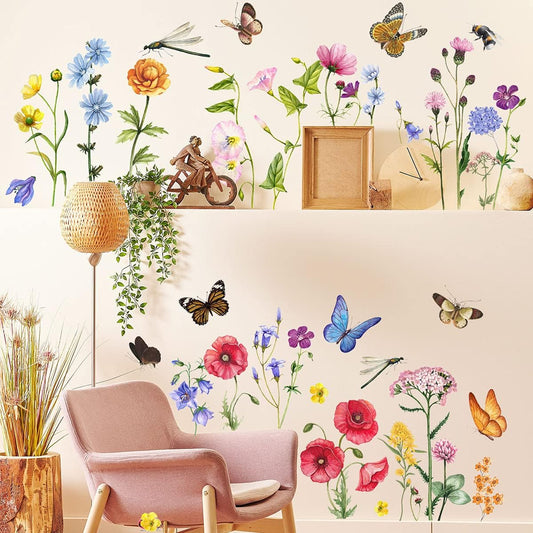 6 Pieces Flowers Wall Decals Vinyl Flowers Wall Stickers Removable Floral Murals Peel and Stick Colorful Flower Decor for Girls Bedroom Living Room Nursery (Butterfly and Dragonfly)