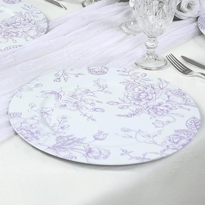Efavormart 6 Pack Floral Acrylic Charger Plates in French Toile Pattern, Matte Lavender and White Round Dinner Charger Event Tabletop Decor - 13"