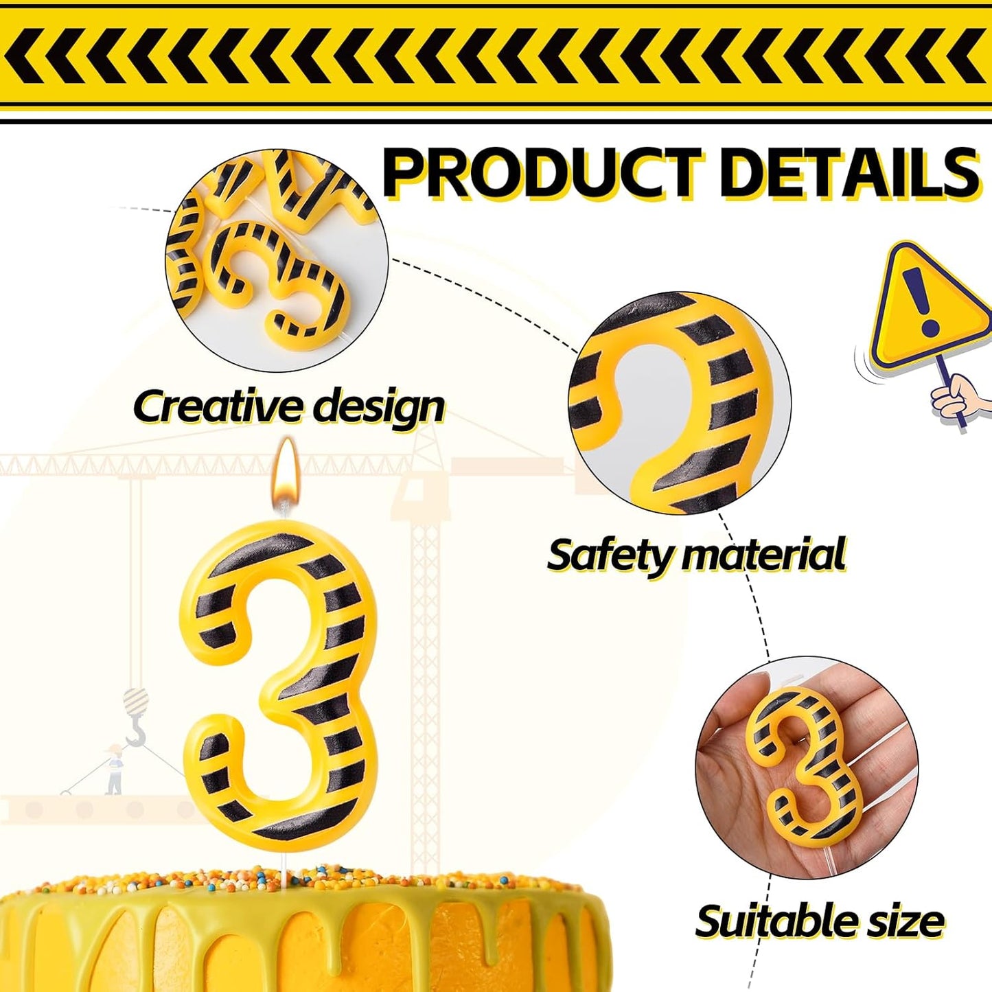 Construction Number 3 Candle, Number 3, Modern, Yellow+Black, Uniscented, Long Burning, Odorless, Indoor, All Season, Construction Themed Birthday Candle