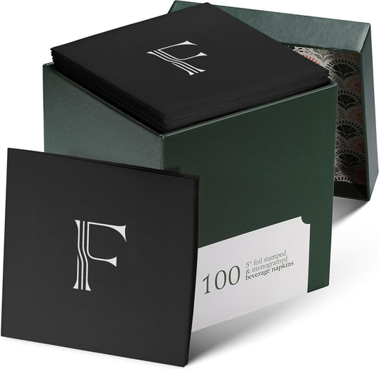 100 Pack Disposable Monogrammed Cocktail Napkins Black, 5"x5" Linen-Feel Silver Foil Letter F Paper Napkins, Initial White Beverage Napkins For Wedding, Party, Bar Or Holiday