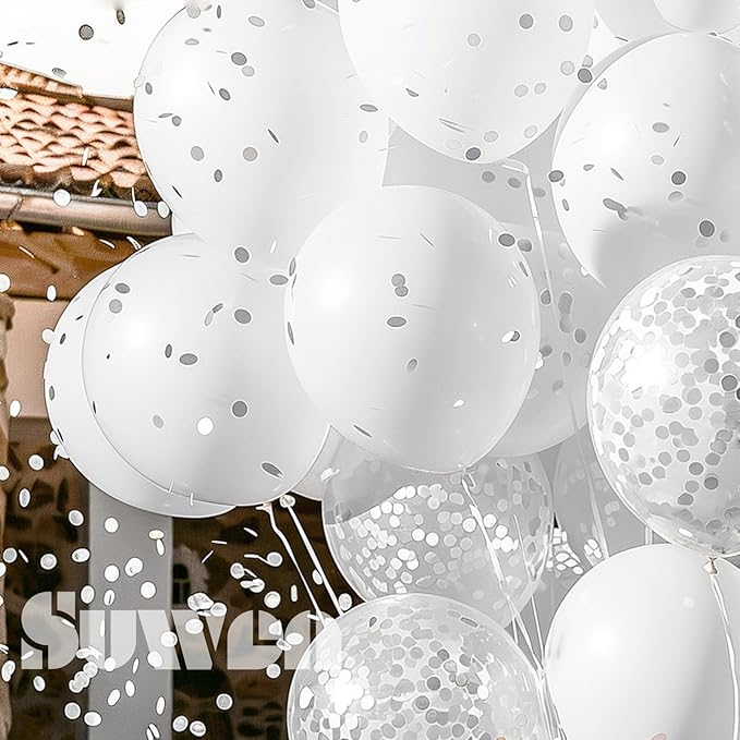 SUWEN White Balloons and Confetti Balloons Set 47PCS Latex Helium White Balloon for Birthday Anniversary Party Decorations