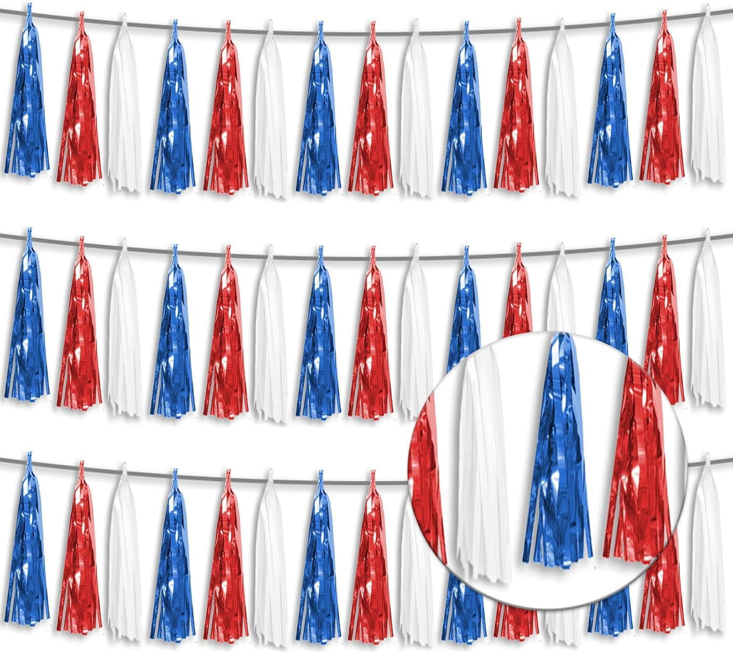 3P Red Blue White Foil Fringe Tassel Garland Metallic Tinsel Streamer Banner Wall Curtain Backdrop for Parade Floats, Graduation, Independence Day, 4th of July, Patriotic Themed Party Decoration