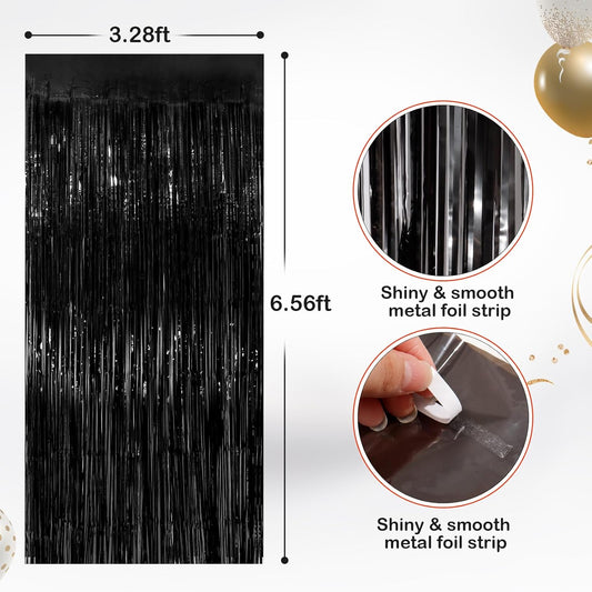 2 Pack Black Metallic Tinsel Foil Fringe Curtains, Door Streamers Photo Booth Backdrop for Birthday Party, Tinsel Curtain Backdrop for Baby Shower Bachelorette Christmas Party Decorations